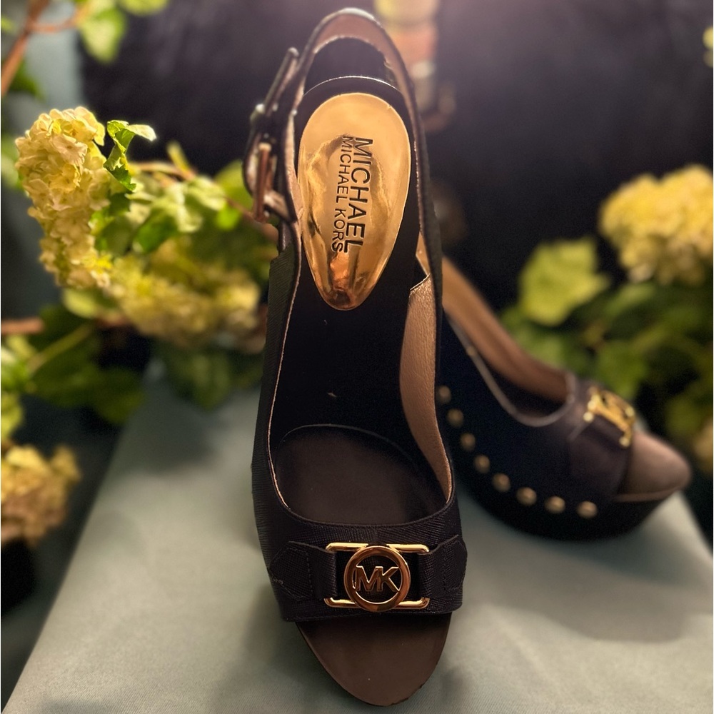 Navy Blue with gold accents Women Michael Kors wedge heels.